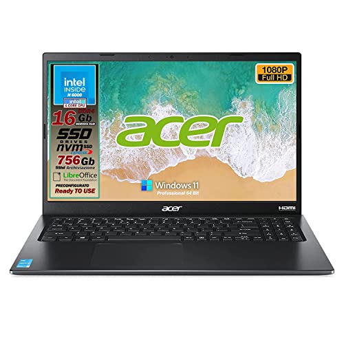 Acer Notebook portatile, Ram 16 Gb, Cpu Intel N 6000, 4 Core, SSHD da 756 Gb, Display 15.6  Full HD led, 3 USB, wi-fi, hdmi, BT, lan, Win 11 Pro, Libre Office, Pronto all Uso, Gar. e layout Italia