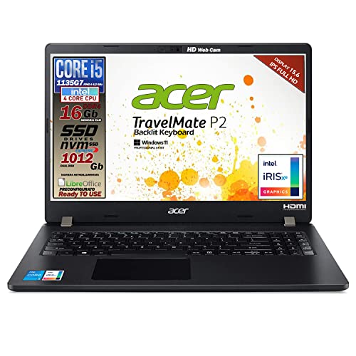 Acer Pc Portatile, TravelMate P2 , Notebook CPU i5-1135G7 4 Core, RAM 16 Gb SSHD da 1 Tb, 15.6  FHD IPS, Grafica Intel Iris Xe, Windows 11 Pro, Tastiera retroilluminata, pronto all uso, gar. Italia
