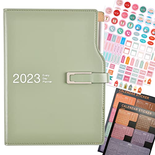 Agenda scolastica 2023, formato A5, agenda giornaliera, con adesivi per calendario, agenda con portapenne e penna, carta spessa di alta qualità, 14 x 21,5 cm (verde)