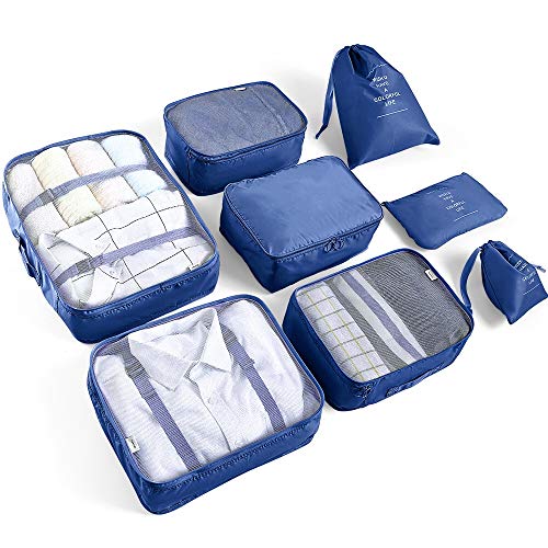 AMAYGA Organizer Valigia Set di 8,Organizzatori da Viaggio Cubi di Imballaggio lavanderia sacchetto dei bagagli Compressione Sacchetti Bag per i vestiti,Cosmetici,scarpe,Intimo (Blu Scuro)