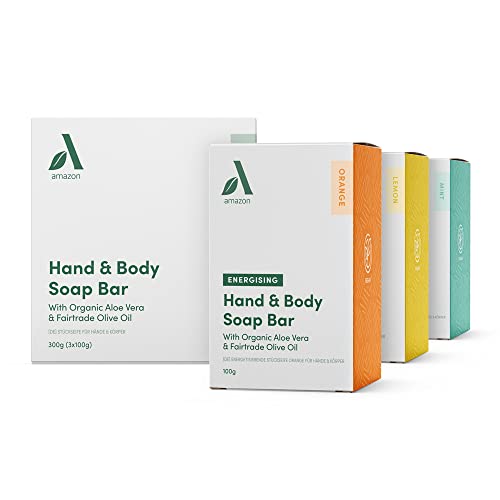 Amazon Aware Saponette per mani e corpo, confezione mista, con aloe vera biologica e olio d’oliva Fairtrade, 3 saponette x 100 g