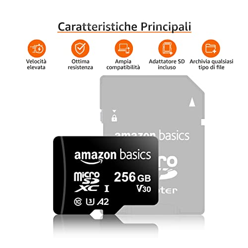 Amazon Basics Microsdxc, 256 Gb, Con Adattatore Sd, A2, U3, Velocit...
