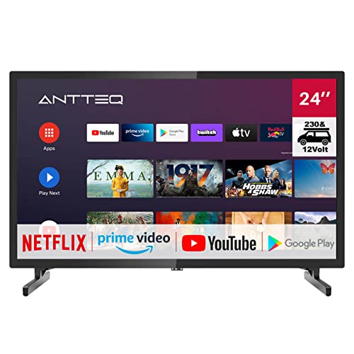 Antteq AG24N1C Smart TV Android da 24 pollici (61 cm) con adattatore per auto 12V,Assistente Google,Chromecast, Netflix, Prime Video, Google Play Store per DAZN, Disney+,Wi-Fi, Triplo sintonizzatore