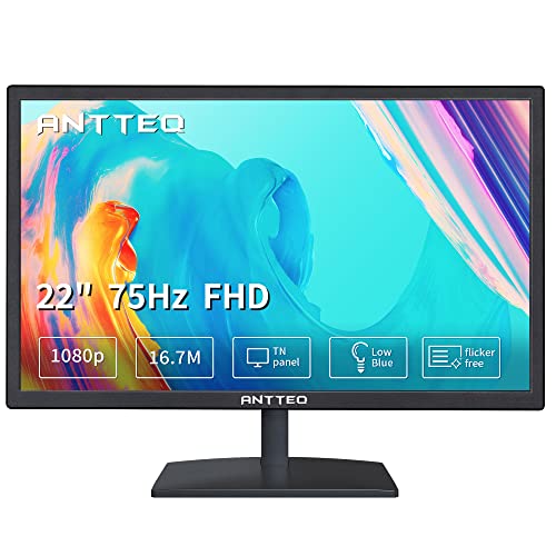 Antteq Monitor per computer aziendale da 22 pollici, Monitor desktop FHD 1080p 75Hz, Luce blu bassa, Comfort per gli occhi, Porte HDMI VGA, Monitor PC LED, Nero