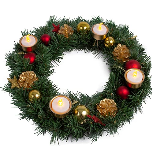 ARTECSIS Corona dell Avvento – Ghirlanda decorativa artificiale con decorazioni natalizie e 4 portacandele ghirlanda di Natale 35 cm, con 4 lumini a LED