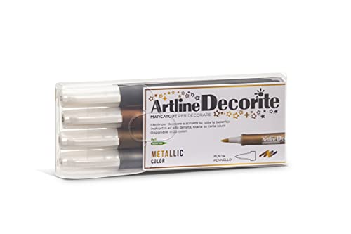 Artline Decorite 4 Pennarelli con punta pennello colori metal - Oro, Argento, Nero e Bronzo