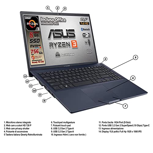 Asus notebook, cpu ryzen 3, sshd da 756 Gb, 8 Gb, display da 15,6 f...