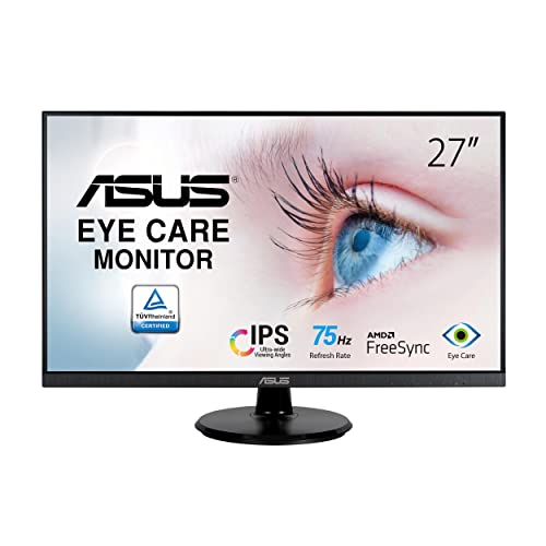 ASUS VA27DQ Eye Care Monitor – 27 inch, FHD (Full HD 1920 x 1080), IPS, Frameless, 75Hz, Adaptive-Sync FreeSync, DisplayPort, HDMI, Eye Care, Low Blue Light, Flicker Free, Wall Mountable