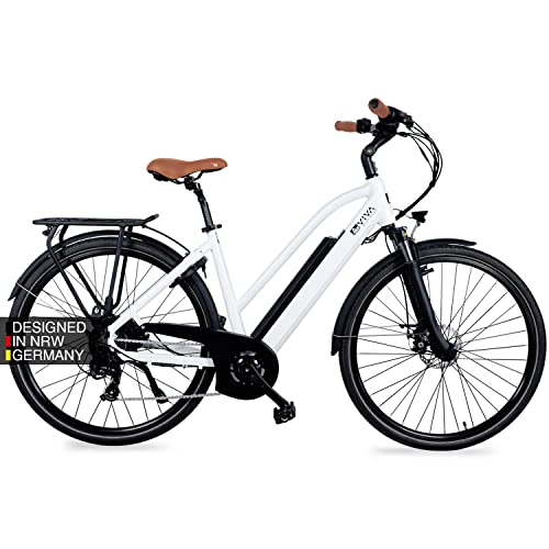AsVIVA E-Bike Bici da Trekking B15-D - 28  City Bike Bici ad Accesso Basso | Batteria a Celle Samsung 36V 14,5Ah | Cambio Shimano a 7 Marce | Motore Posteriore da 250W | Bicicletta Bianco Grigio