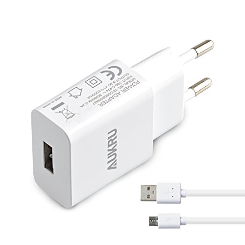 Aukru Caricabatterie USB da Muro portatile 5V 2A per smartphone, tablet, MP4 MP3, Con Micro USB cavo, colore Bianco
