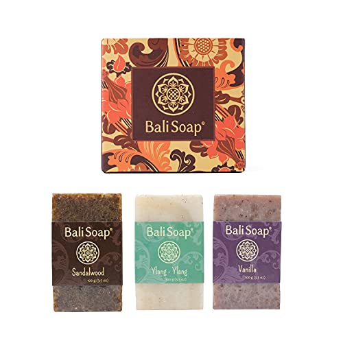 Bali Soap Legno di Sandalo, Ylang-ylang e Vaniglia - Confezione da 3 Saponette Esotiche - Sapone Alla Glicerina Naturale - Oli Idratanti - Saponetta Esfoliante - Testurizzata Con Sostanze Botaniche