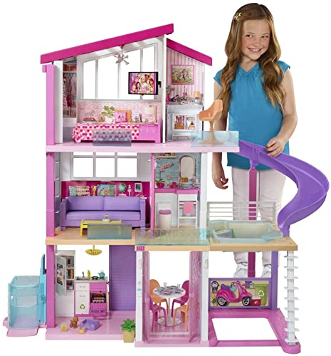 Barbie Casa dei Sogni, Casa a 3 Piani con 8 Stanze, Ascensore e Piscina con Scivolo, Oltre 60 Accessori, Regalo per Bambini da 3 a 7 Anni, Esclusivo Amazon