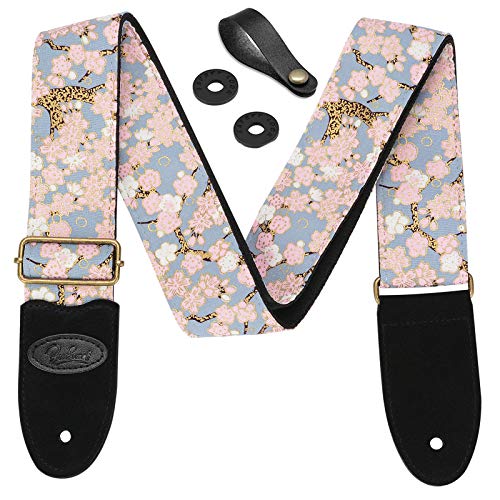 BestSounds - Tracolla per chitarra elettrica, acustica e basso con fiori di ciliegio rosa, include cinturino con bottone e 2 fermi, estremità in pelle