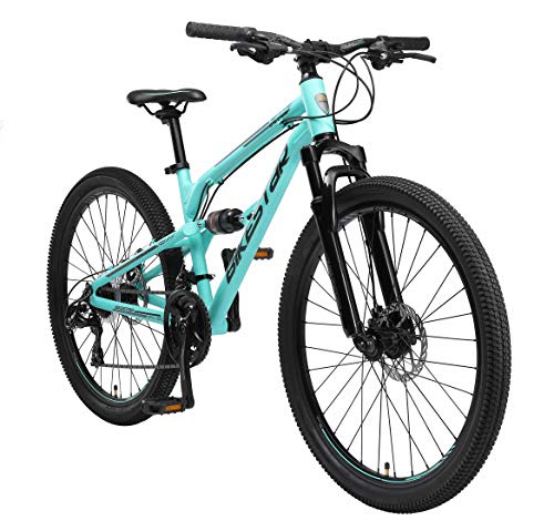 BIKESTAR MTB Mountain Bike Sospensione Completa in Alluminio, Freni a Disco, 26  | Bicicletta MTB Telaio 16  Cambio Shimano a 21 velocità | Turchese