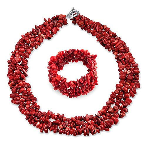 Bling Jewelry Grande ampio rosso tinto corallo cluster chip pettorale dichiarazione colletto collana stretch braccialetto gioielli set per le donne