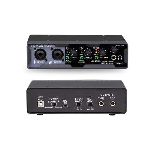 BOMGE Interfaccia audio USB (24 bit 192 kHz) con XLR, alimentazione phantom, monitoraggio diretto, loopback per registrazione PC, streaming, chitarrista, cantante e podcasting
