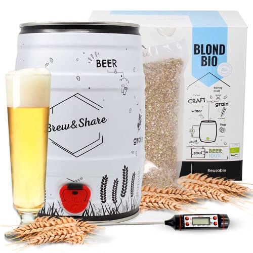 Brew & Share | Kit per Fare Birra Blond Bio. Certificato Ecologico | La Tua Birra in 2 Settimane. Preparazione con Malto. Fermentazione in barile. Materiali riutilizzabili.