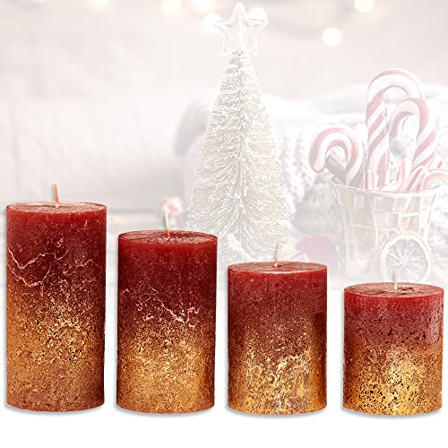 Candelo Set di 4 candele rustiche natalizie, candele dell Avvento, bordeaux, oro metallizzato, 8 10 12 14 cm, candela per corona dell Avvento, candela natalizia