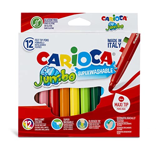 CARIOCA Pennarelli Jumbo Box, Pennarelli Colorati per Bambini con Punta e Corpo Maxi, Ideali per Disegnare e Colorare, Super Lavabili, Colori Assortiti, 12 Pezzi