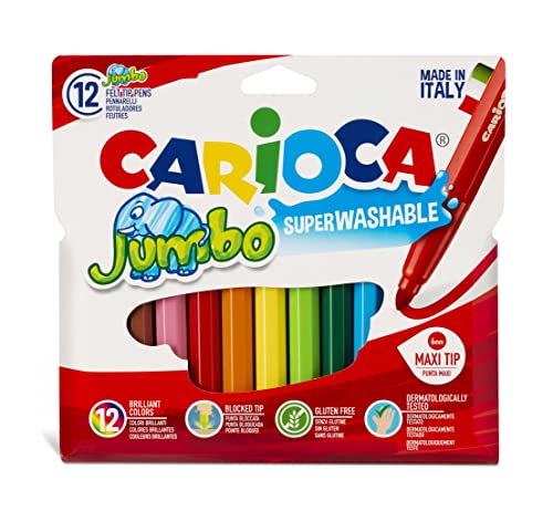 CARIOCA Pennarelli Jumbo Paperboard Wallet, Pennarelli Colorati per Bambini con Punta Maxi, Ideali per Disegnare e Colorare, Super Lavabili, Colori Assortiti, 12 Pezzi