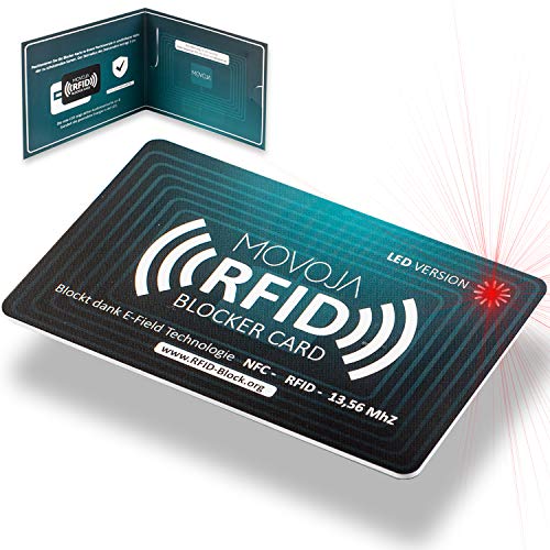 Carta RFID blocker card con indicatore a LED | nuovissimo jammer | Marchio tedesco | nessuna radiazione residua | Protezione al 100% grazie a E-Field | niente più manicotti protettivi | carta di credi