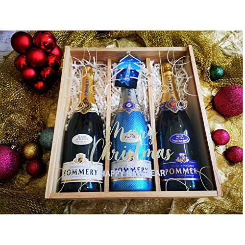 Champagne gift box Pommery  1 Blanc de Blancs   1 Royal BlueSky   1 Brut Royal   « Pine tree »