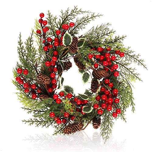 COM-FOUR Ghirlanda per porta di Natale - Corona dell Avvento con bacche rosse e ghirlanda di foglie - Ghirlanda decorativa - Decorazione natalizia - Ghirlanda da tavola - Ghirlanda natalizia