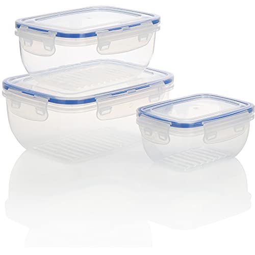 COM-FOUR Set di 3 pezzi di scatole di plastica in 3 dimensioni per campeggio o picnic - Contenitori alimenti con coperchio per frutta, verdura, snack (03-parte - trasparente-blu)