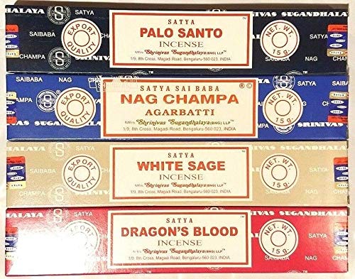 Confezione da 4 Bastoncini di incenso Nag Champa, Palo Santo, Drago, Salvia Bianca