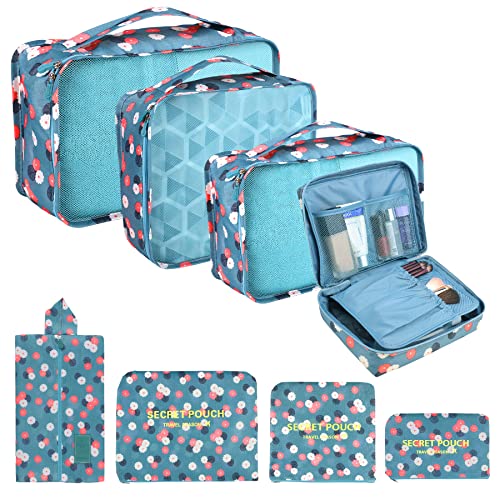 Coolzon Organizer Valigie Viaggio Set 8 Pezzi set, Cubi di Imballaggio Organizer Valigia Perfect Storage Travel Luggage Organizer per i vestiti,Cosmetici,Scarpe,Intimo, Fiori Blu