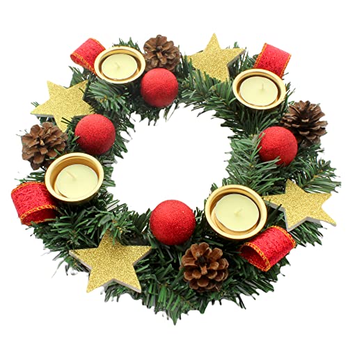 Corona dell Avvento natalizia, ghirlanda natalizia, decorata con pigne di abete, stelle glitterate, nastri con 4 portacandele