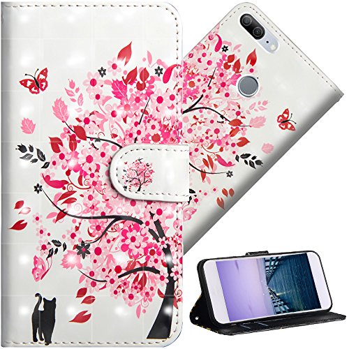 COTDINFOR pour Huawei Honor 9 Lite Custodia Cover TPU 3D Effect Painted PU in Pelle con Wallet Card Holder Flip Custodia per Huawei Honor 9 Lite Flower Tree Cat YX.