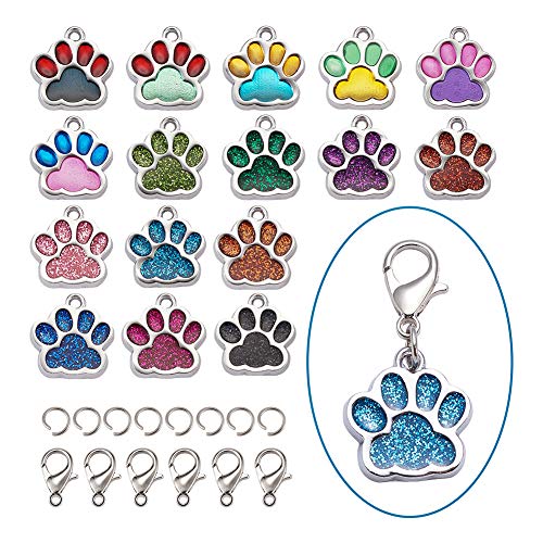 Craftdady - 32 ciondoli a forma di zampa di cane gatto, smalto, 16 colori, ciondoli galleggianti in metallo, con anelli aperti e chiusura a moschettone, per la creazione di gioielli