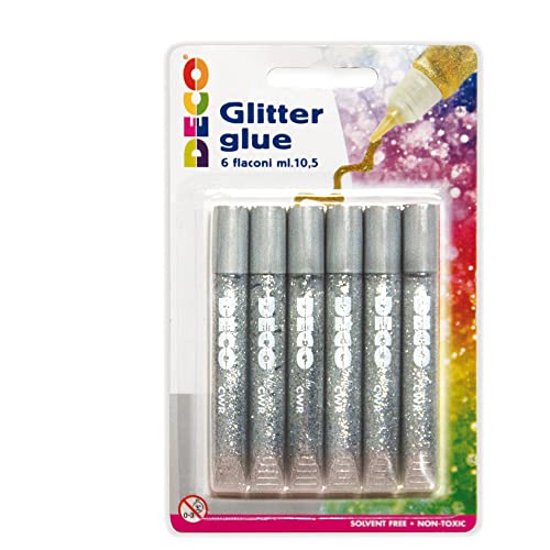 DECO 05884 Colla Glitter Blister 6 Penne, Argento...