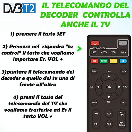Decoder DVB-T2 HD 1080p con un telecomando comandi il TV ed il Deco...