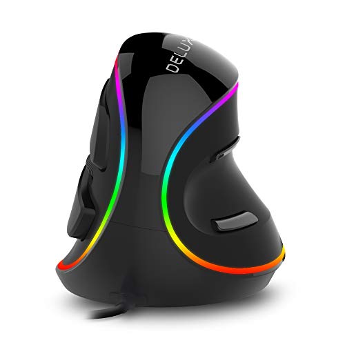 DeLux Mouse Verticale Cablato, Mouse Verticale con Illuminazione LED RGB, 800-4000 DPI, 6 Pulsanti, Con Poggiapolsi per Alleviare la Pressione Sulle Mani, per PC, Computer, Portatile, Mac