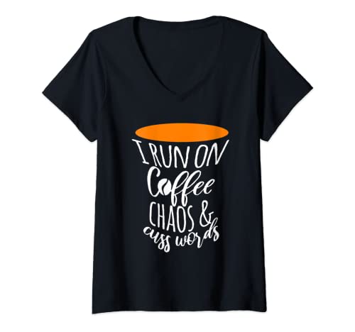 Donna Corro Sul Caffè Chaos & Cuss Parole Caffeina Espresso Arancione Maglietta con Collo a V