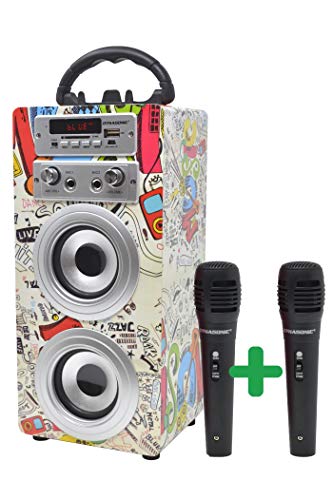 DYNASONIC - Altoparlante Bluetooth portatile per karaoke con microfoni inclusi | Lettore USB e SD, radio FM modello 025 (2 microfoni)