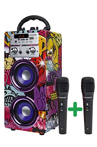 DYNASONIC - Cassa Bluetooth portatile (3a generazione) con modalità karaoke e microfono, radio FM e lettore SD USB (modello 12, 2 microfoni)