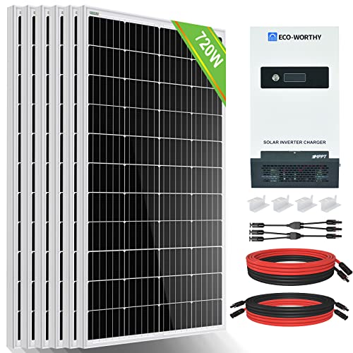 ECO-WORTHY 720W 24V Kit Fotovoltaico Off-Grid con 6 Pannelli Solari da 120W + Inverter all-in one da 1500W 24V per Camper, Cabina, Casa