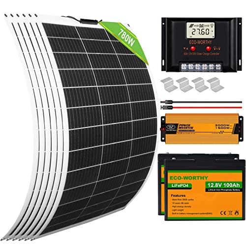 ECO-WORTHY Kit Completo con Pannello Solare Flessibile da 780W, 24V, 6 Pannelli Solari da 130W, 2 Batterie al Litio da 100Ah, Inverter da 1500W 24 V, Regolatore di Carica da 60A, per Camper, Furgoni