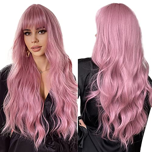 Esmee 26 pollici lunga parrucca rosa con frangia naturale capelli sintetici parrucche ondulate per le donne quotidiano partito Cosplay uso