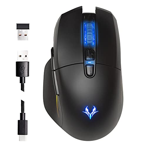 FLYROY Mouse Wireless Gaming Ergonomico Antiscivolo dual mode con Cavo, Pulsante Mira Assistita, Wireless Gaming Mouse Sensore 10000 Dpi, 8 Tasti Programmabili, 12 modalità RGB Mouse senza fili