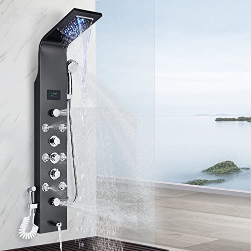 fyheast Colonna doccia con miscelatore con LED set doccia 304 in acciaio inox con 6 funzioni colonna doccia idromassaggio bagno