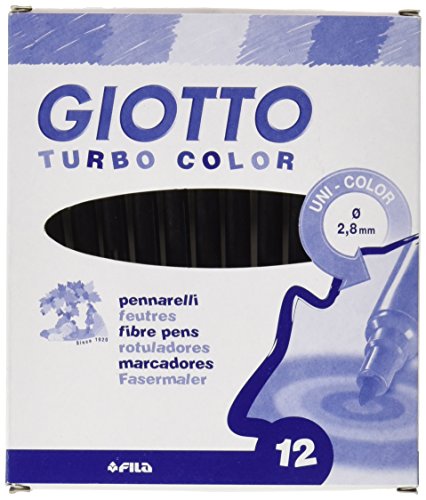 GIOTTO Turbo Color - Astuccio da 12 Pennarelli a Punta Fine Monocolor, 2.8mm, Colore Nero