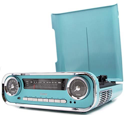 Giradischi Designer Auto d epoca 2 Altoparlanti Stereo Integrati | Lettore Lp con Radio Fm, Funzione Bluetooth | Usb, Aux | 3 Velocità (33, 45, 78) Lauson 01TT18 (Blue)