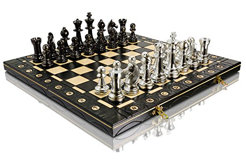 GOLDEN & SILVER STAUNTON 40cm   16in Staunton in plastica metallizzata n ° 5 set di scacchi, scacchiera in legno, metallo caricato, gioco degli scacchi ... (argento)