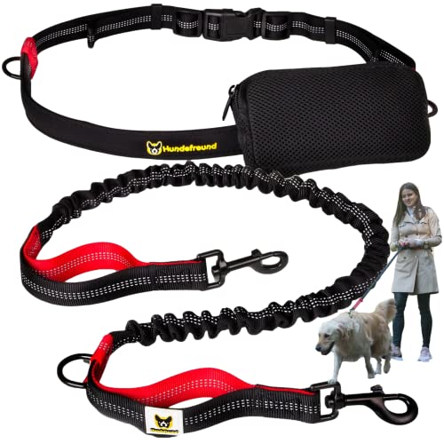Guinzaglio mani libere per cani da jogging | Rosso e nero elastico e riflettente di 120 – 170 cm | Per corerre, canicross, passeggiate ed escursioni