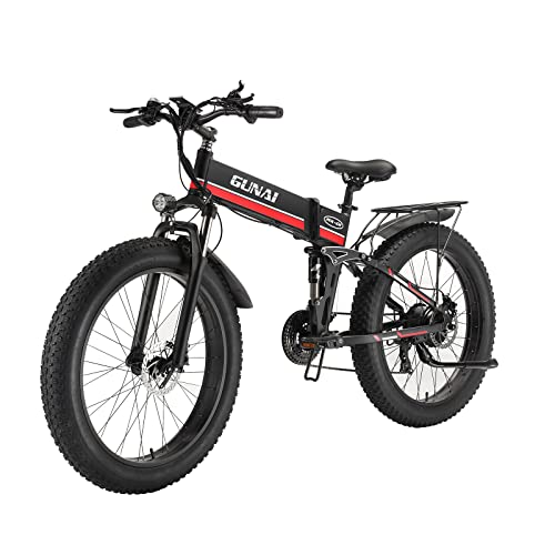 GUNAI Bici elettrica 26 Pollici Pieghevole Fat Tire Snow Bike 21 velocità Mountain E-Bike con Sedile Posteriore （Rosso）