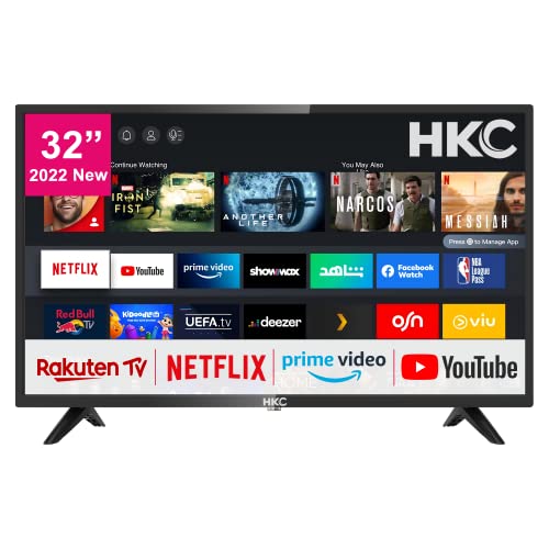HKC Smart TV 32 pollici (80 cm) Televisore con Netflix, Prime Video, Rakuten TV, DAZN, Disney+, Youtube, UVM, Wifi, Triple-Tuner DVB-T2   S2   C